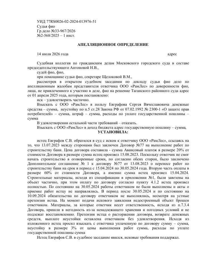 Апелляционное определение. Строительный подряд